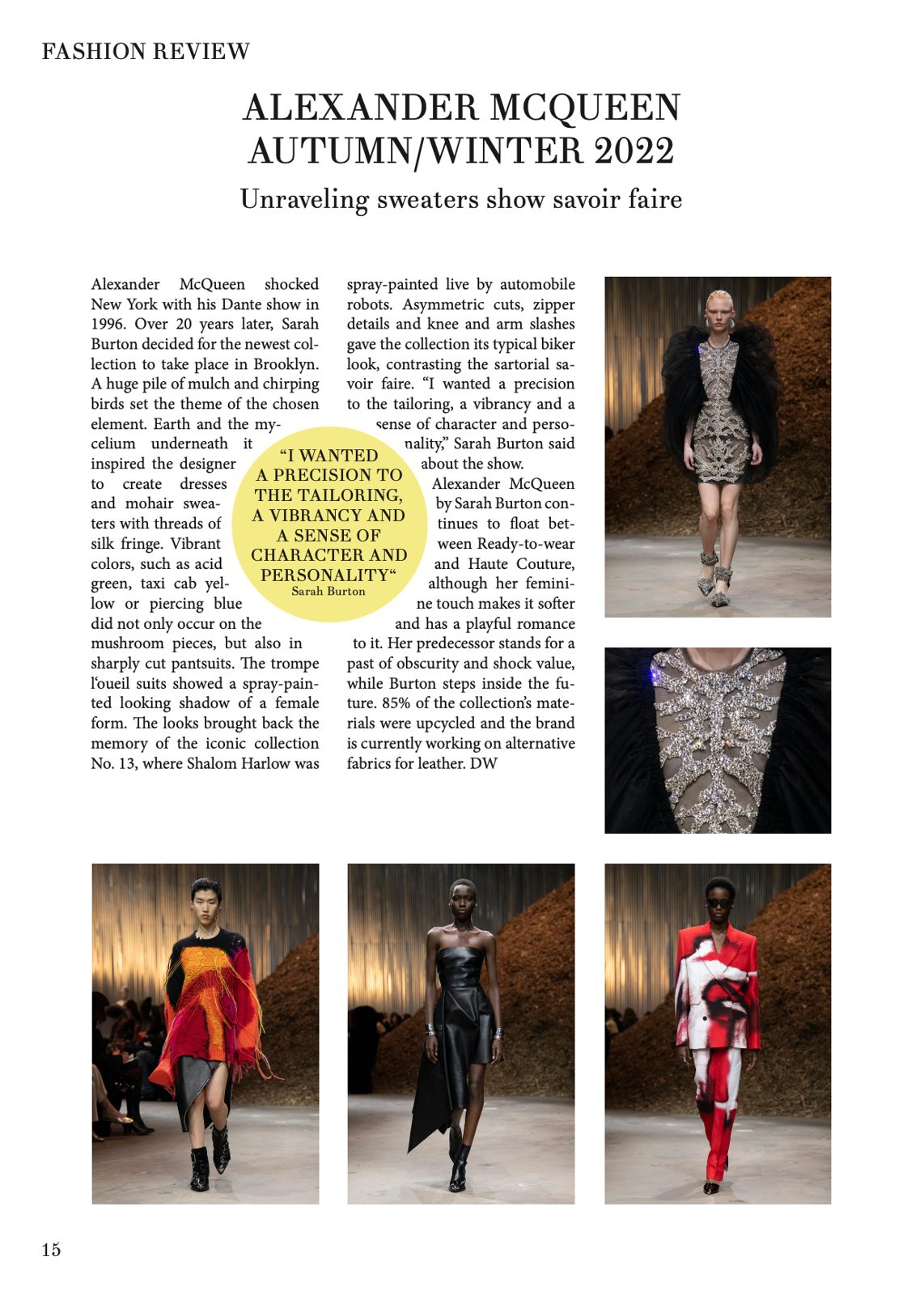 Magazine page reviewing the Alexander McQueen Autumn Winter 2022 show