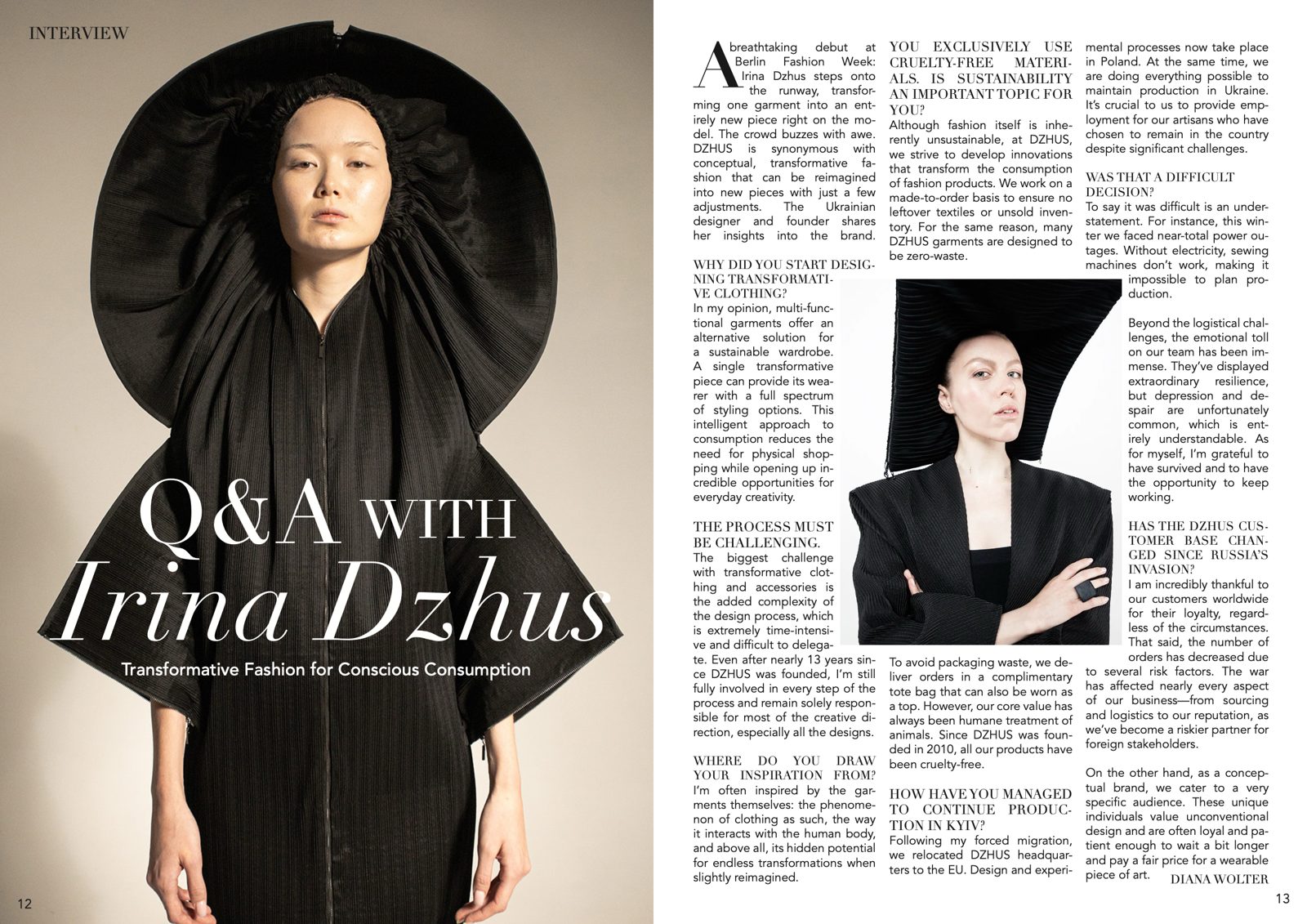 Magazine spread of the Q&A interview with designer Irina Dzhus