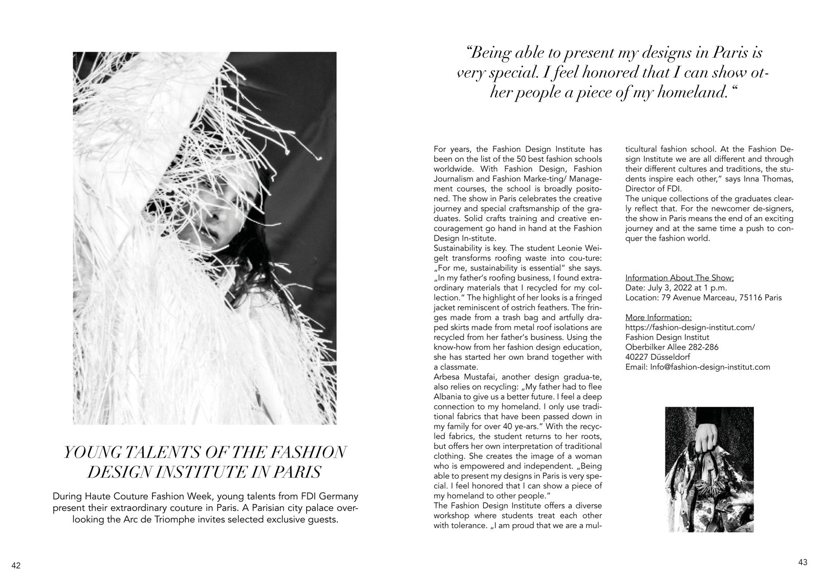Press release page for young talents of the Fashion Design Institute in Paris