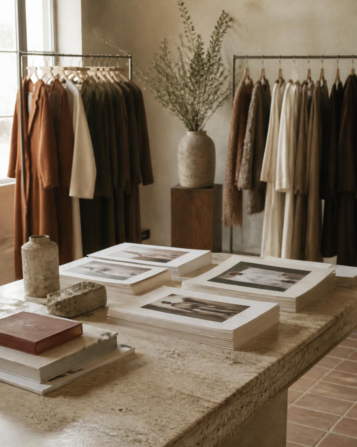 Press showroom with garment rails and lookbooks on a stone table